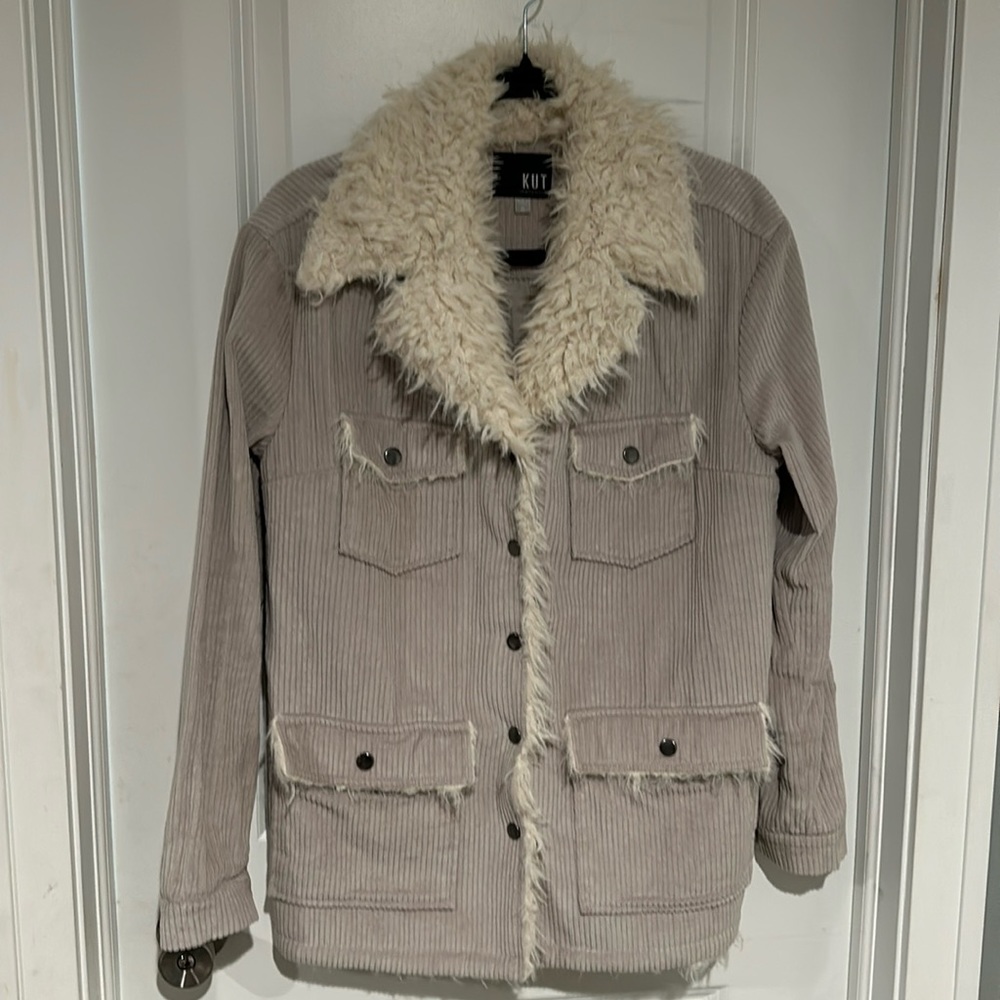 KUT from the Kloth Faux Fur Light Gray Corduroy Jacket Size Medium
